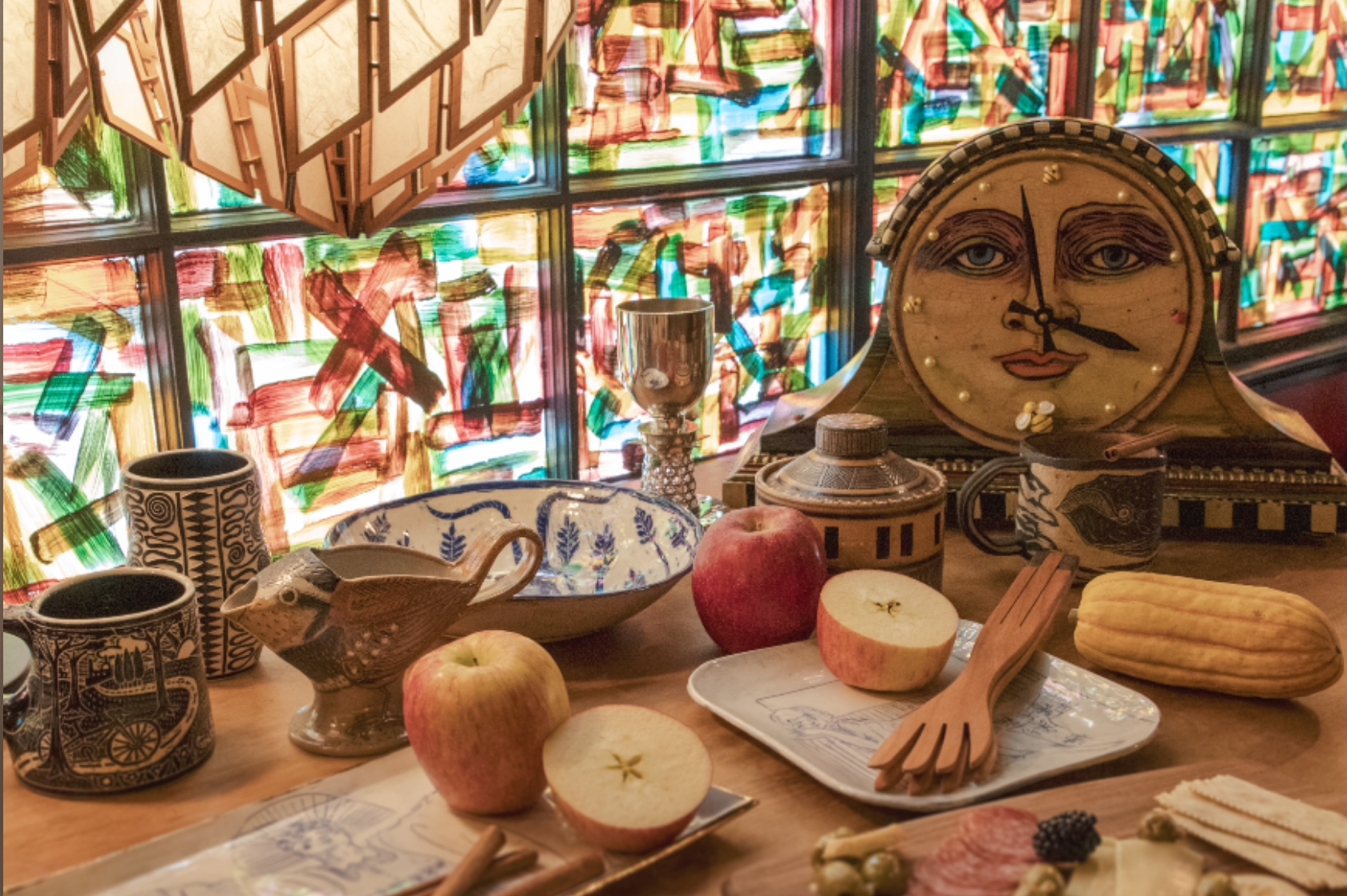 Woodwork art pieces on a table